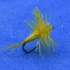 Yellow dry-fly fishing lure with feathered hackle on a curved hook, set against a blue background.
