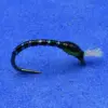 Black bead-head fly fishing lure with segmented body and white-tipped tail on blue background