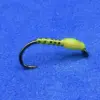 Green segmented soft plastic fishing lure on a curved black hook, with a translucent green head portion