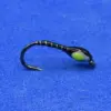 Black fishing jig head with a neon green and white bead, mounted on a curved hook against a blue background, used for lure fishing