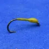 Small fishing hook with a yellow soft plastic worm lure attached, ready for fishing
