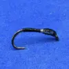 Black fishhook lying on blue background, barb pointing left, with small wrapping near the eyelet.
