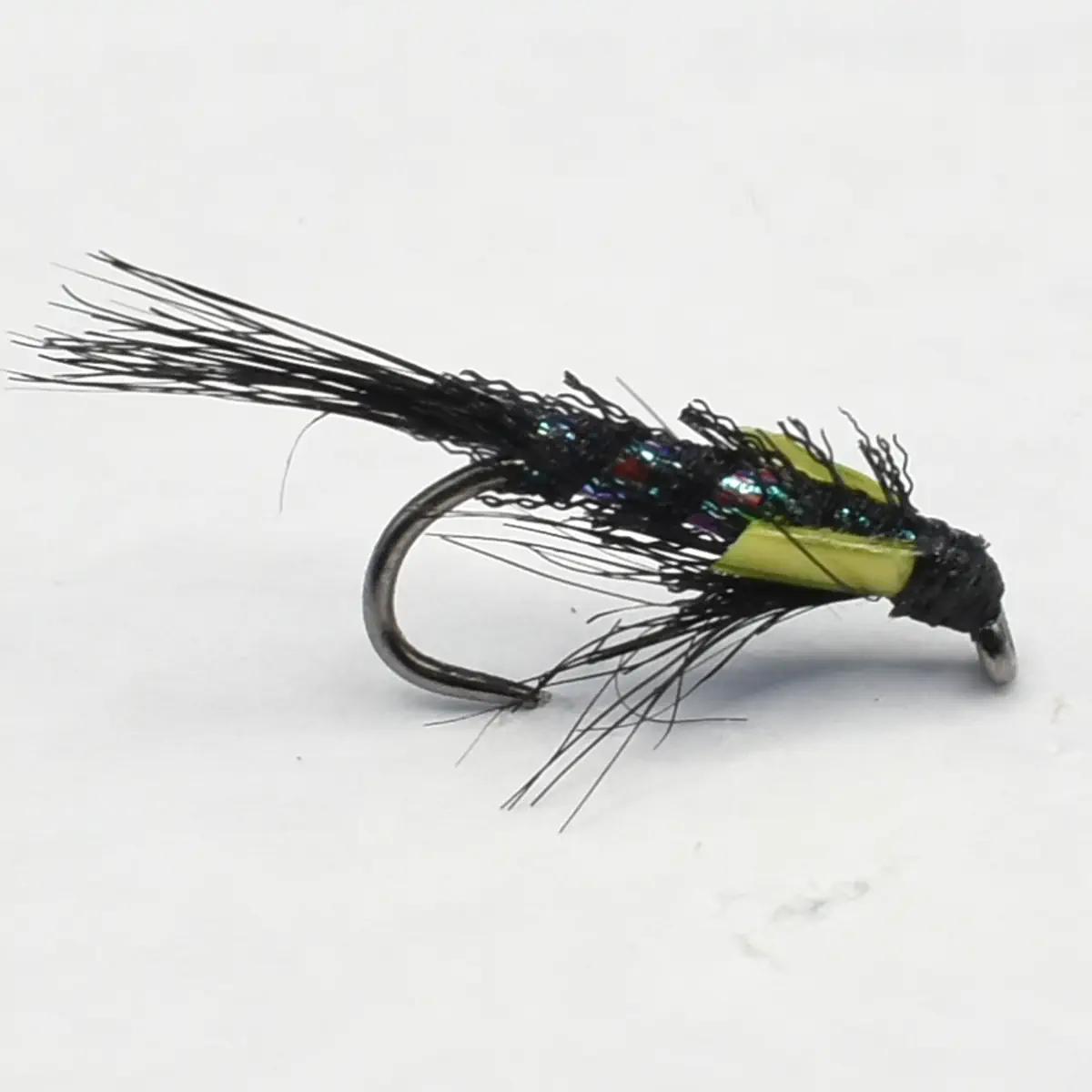 Fly fishing lure with a long black feather tail, iridescent body beads, and a metal hook (bead-head streamer).