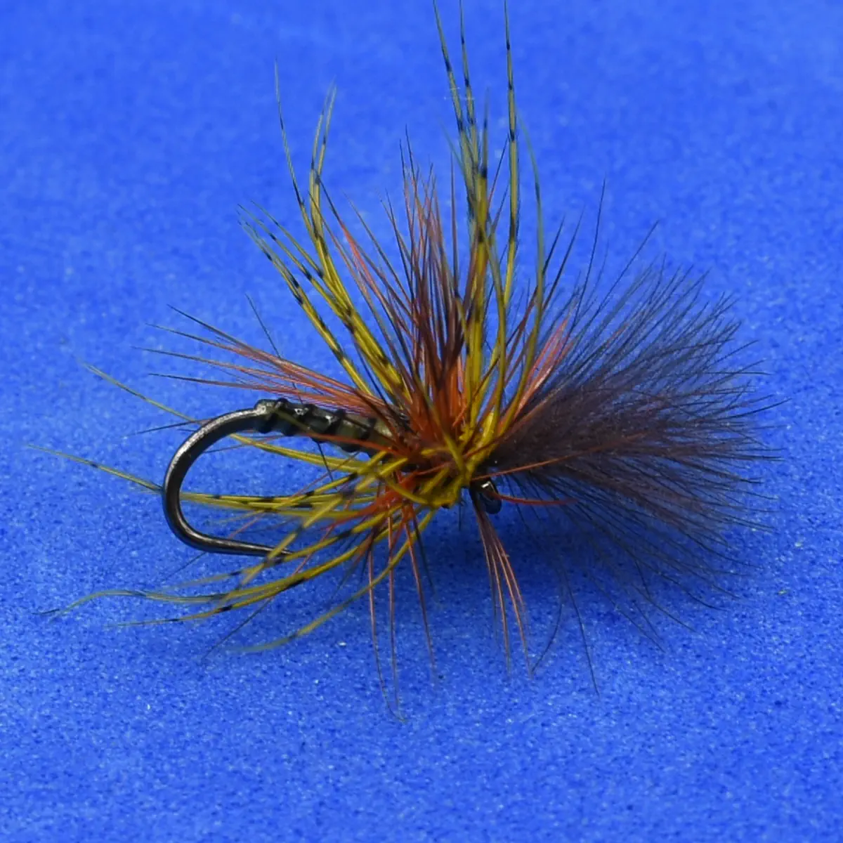Close-up of a colorful fishing fly with yellow, orange, and brown hackle fibers tied to a curved hook, used as an artificial lure for fly fishing.