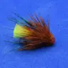 Hand-tied fishing fly with brown hackle, yellow body, and teal accents on a blue background.