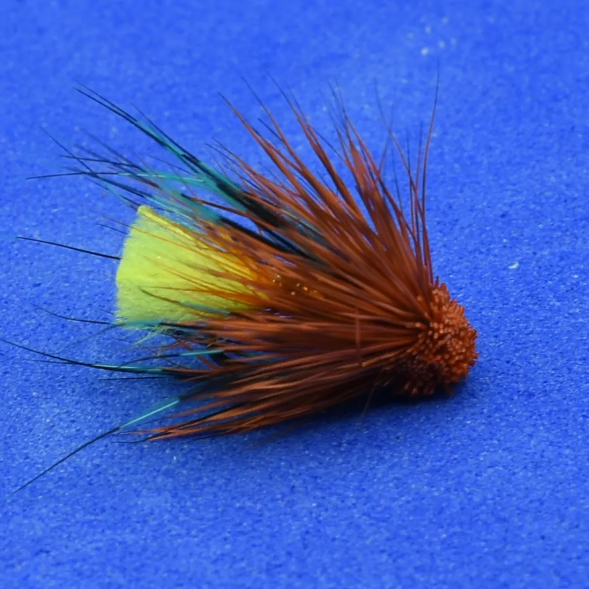 Hand-tied fishing fly with brown hackle, yellow body, and teal accents on a blue background.