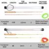 Two V-practice fishing rod sets shown: top kit 4.3 ft, 2.2 mm, includes rod, line, and foam strike indicator; bottom kit 4 ft, 2 mm, includes rod and practice cord.
