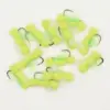 Group of neon yellow foam fishing flies with hooks and green thread on a white background.