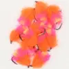 Assorted bright orange and pink marabou feather fishing lures with hooks on a white background