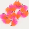 Bright pink and orange fluffy fishing lures with sharp hooks on a white background.