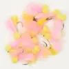 Pastel pink and yellow feather garland with yellow fluffy pom-poms on a white background, a decorative prop.