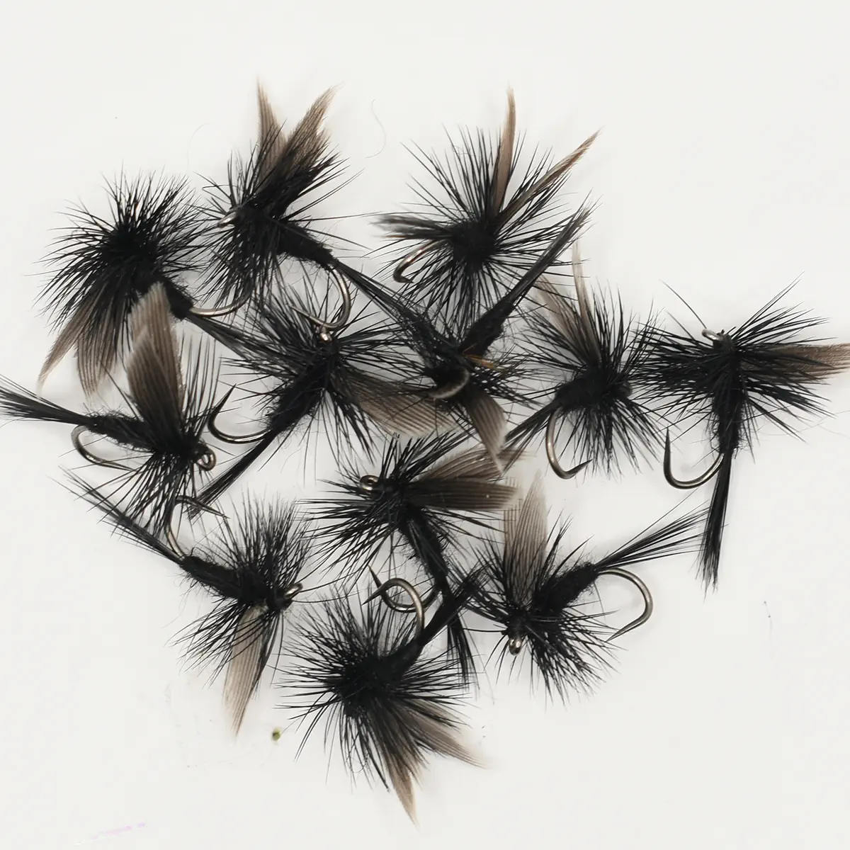Collection of black dry fishing flies with feather hackles and hooks on a white background