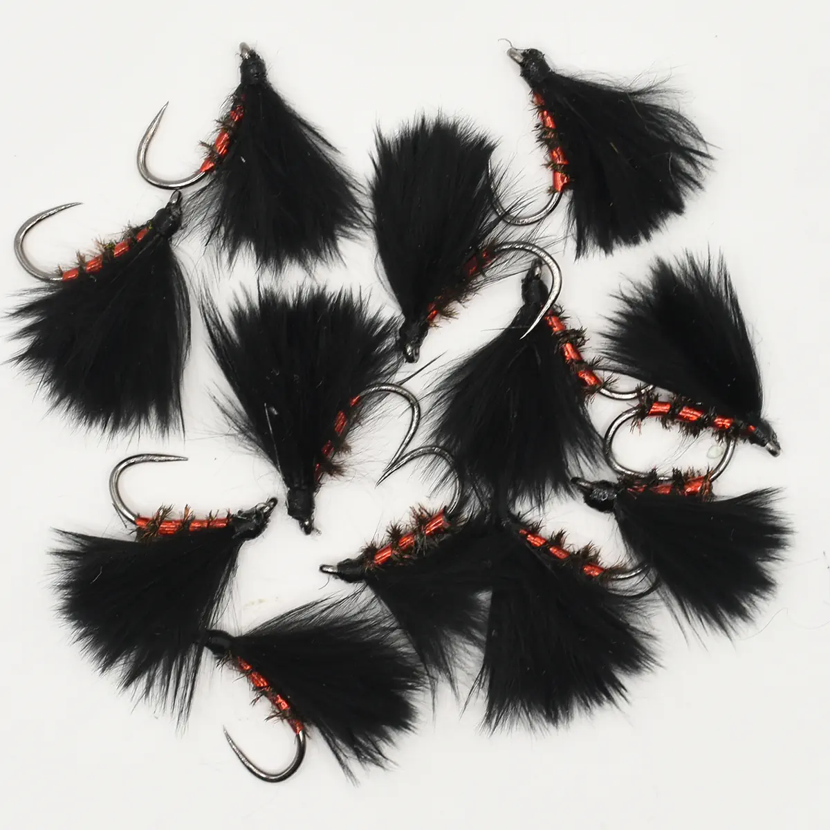 Assorted black fur fishing flies with red bead wraps and hooks for fly fishing