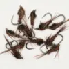 Assorted fishing flies with brown chenille bodies and black/brown hackle, tied to metal hooks on a white background.