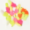 Bright neon pink, yellow, and orange marabou fishing flies with hooks and beads on a white background.