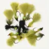 Assorted fishing flies with olive and black feather tails arranged in a circle on a white background, ready for tying.