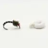Close-up of a fishing fly lure tied to a curved hook, connected by a thin line to a white foam strike indicator or bobber.