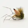 Close-up of a fishing fly lure with a green spiky body, tan feather-like wrapping, and a curved hook on a white background.