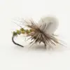 Artificial fishing fly with a white bead head, brown feather hackle, and iridescent body on a curved hook used as a lure