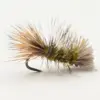 Close-up of a dry fly fishing lure with tan and olive feather hackle wrapped around a curved hook on a white background.